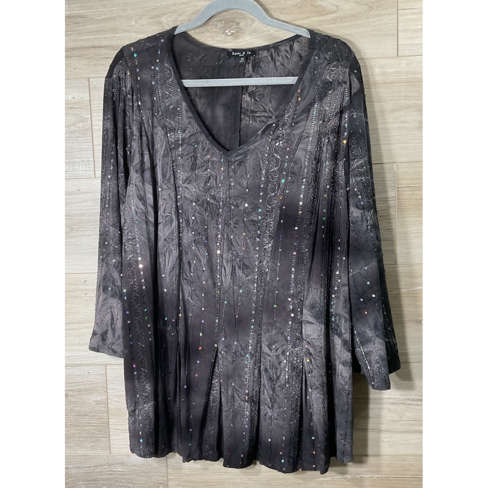 Sami & Jo Womens 2X Dark Romantic Gothic Sequin Ruched 3/4 Sleeve Blouse Top